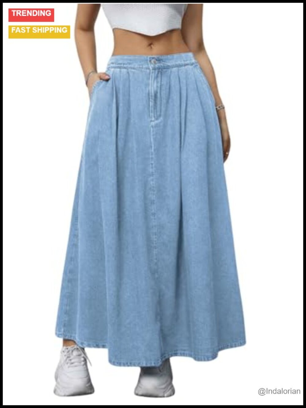 Women's Pleated A-Line Denim Maxi Skirt with Pockets - Flowy